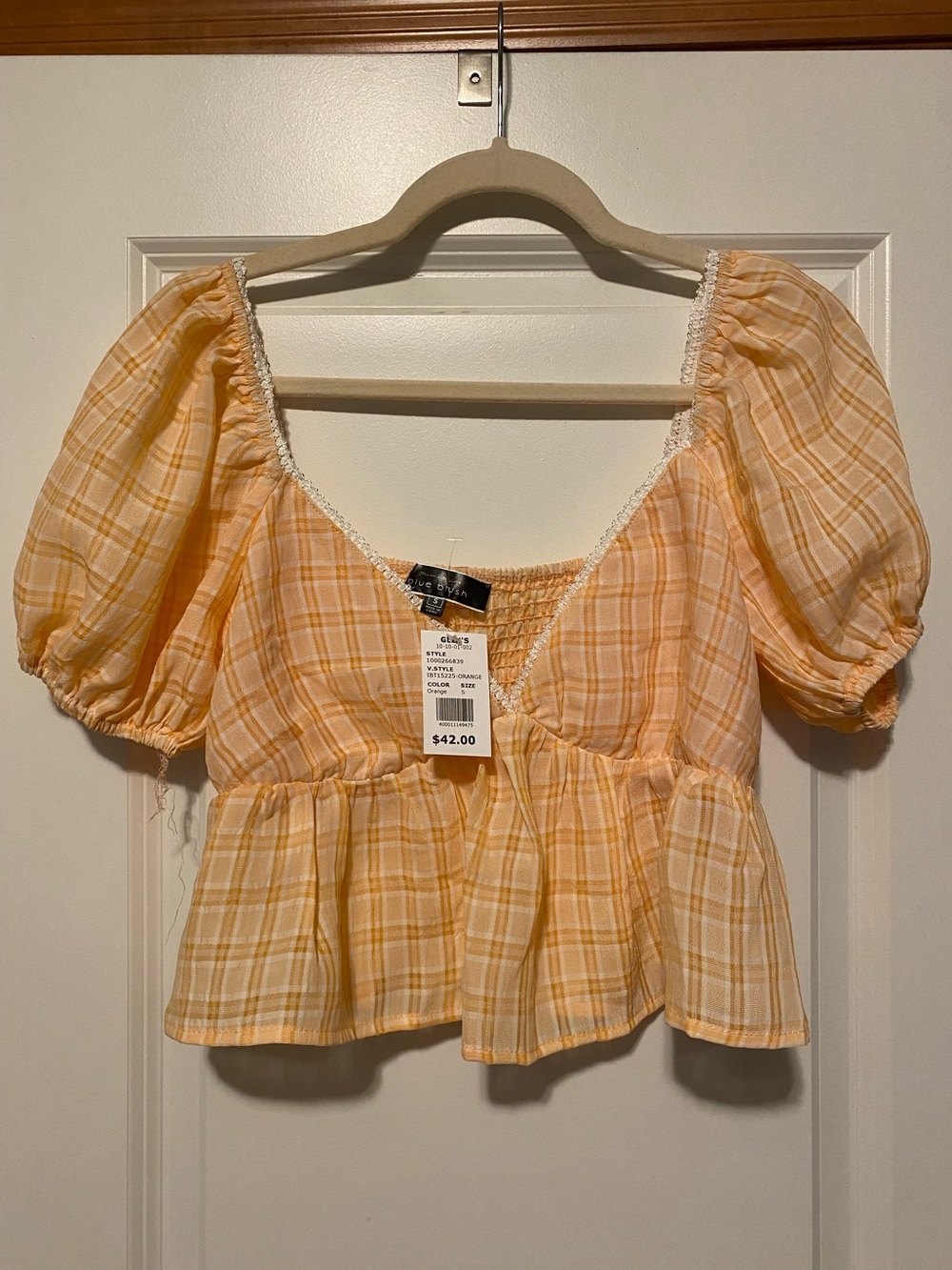Blue Blush Orange Plaid Puff-Sleeve Peplum Blouse